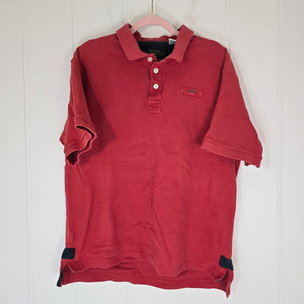 Orvis Short Sleeve Polo Shirt Orange Navy Size L Gusset Armpits fishing outdoor